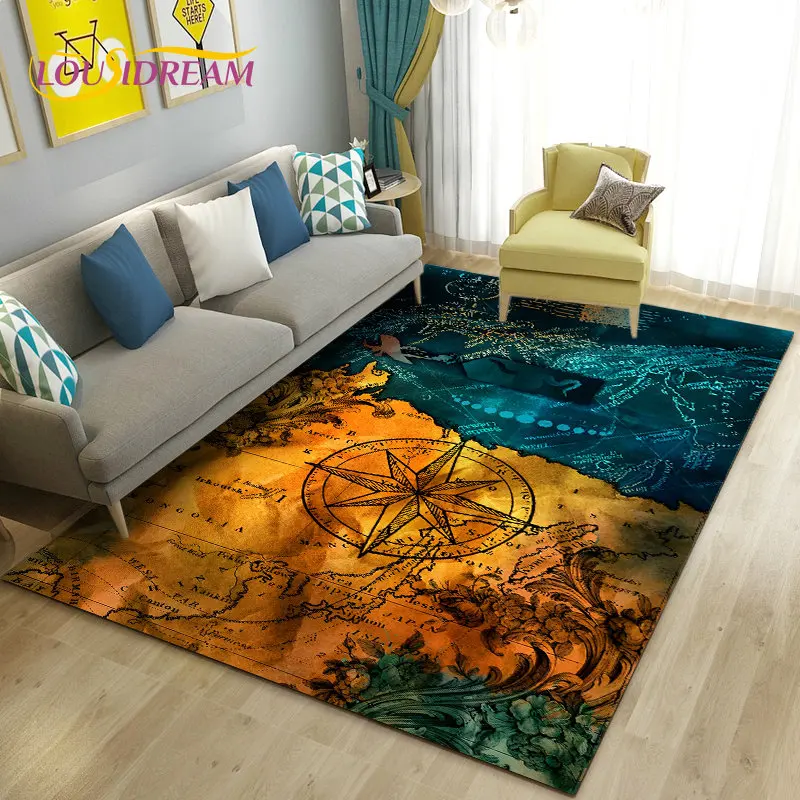 레트로 나침반 빈티지 세계지도 지역 러그, 거실 침실 소파 현관 매트 장식 카펫, 어린이 놀이 미끄럼 방지 바닥 매트