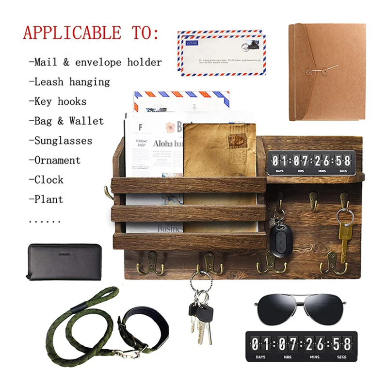 34*22*10cm Mail Holder for Wall Mail Organizer w/ Key Hooks Hallway Farmhouse Decor Letter Sorter Natural Wood w/ Floating Shelf