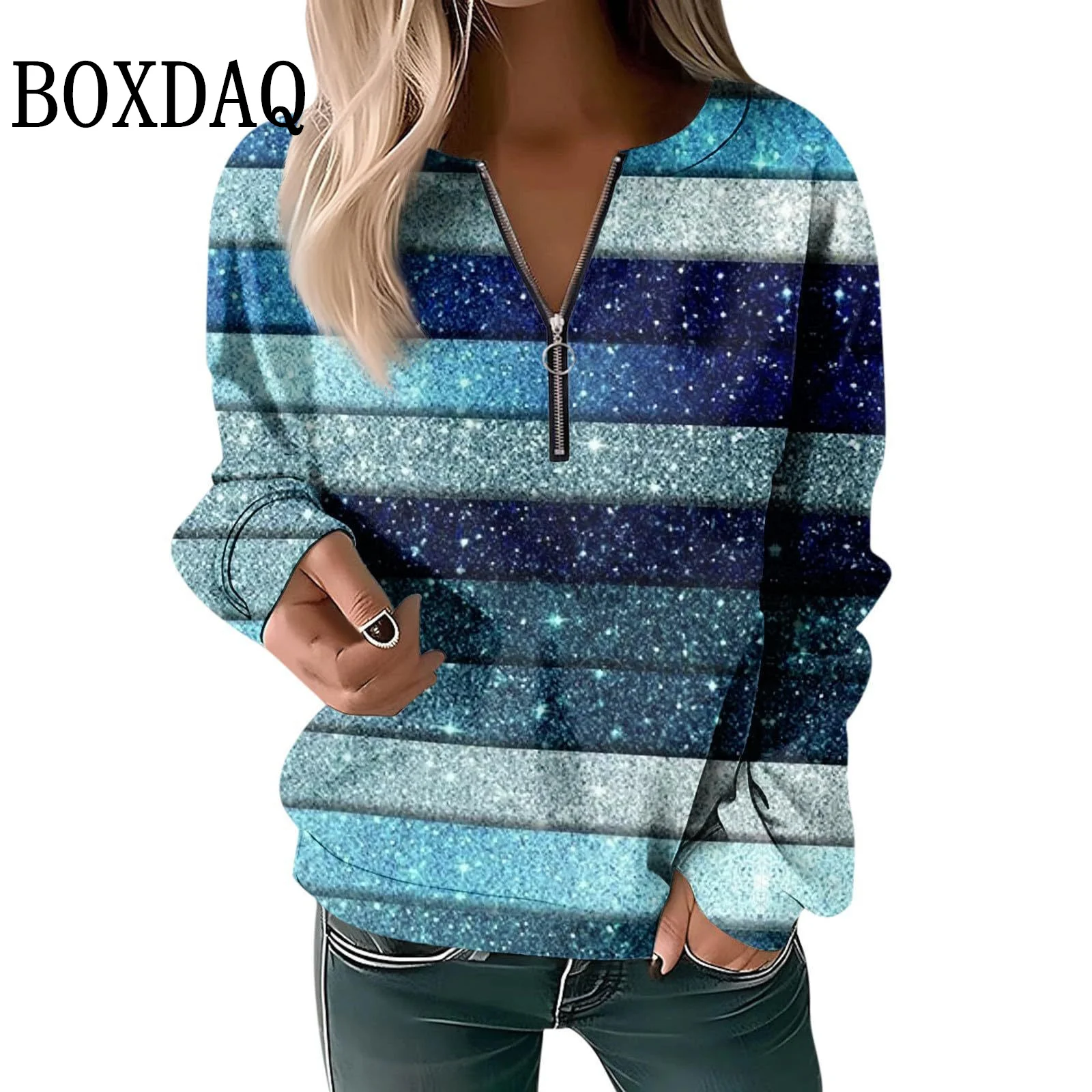 مخطط سستة الخامس الرقبة شارع العليا امرأة طويلة الأكمام البلوز الخريف اللون منعت مطبوعة المرأة بلايز ملابس كاجوال فضفاضة