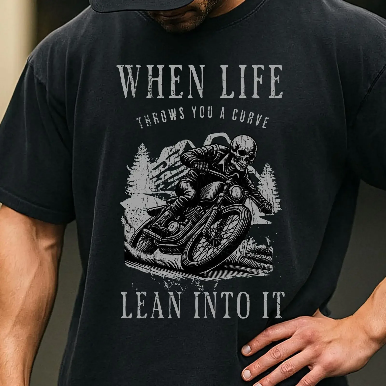 When Life Throws You a Curve T Shirt Biker Mindset Skull Motorcycle for Men vintage Washed Versatile Slightly Stretched fashion