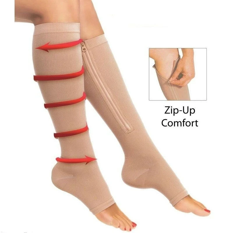 Compression Socks Knee High Zipper Medical Stretchy Anti-Fatigue Men Women Support Female Open Toe Thin