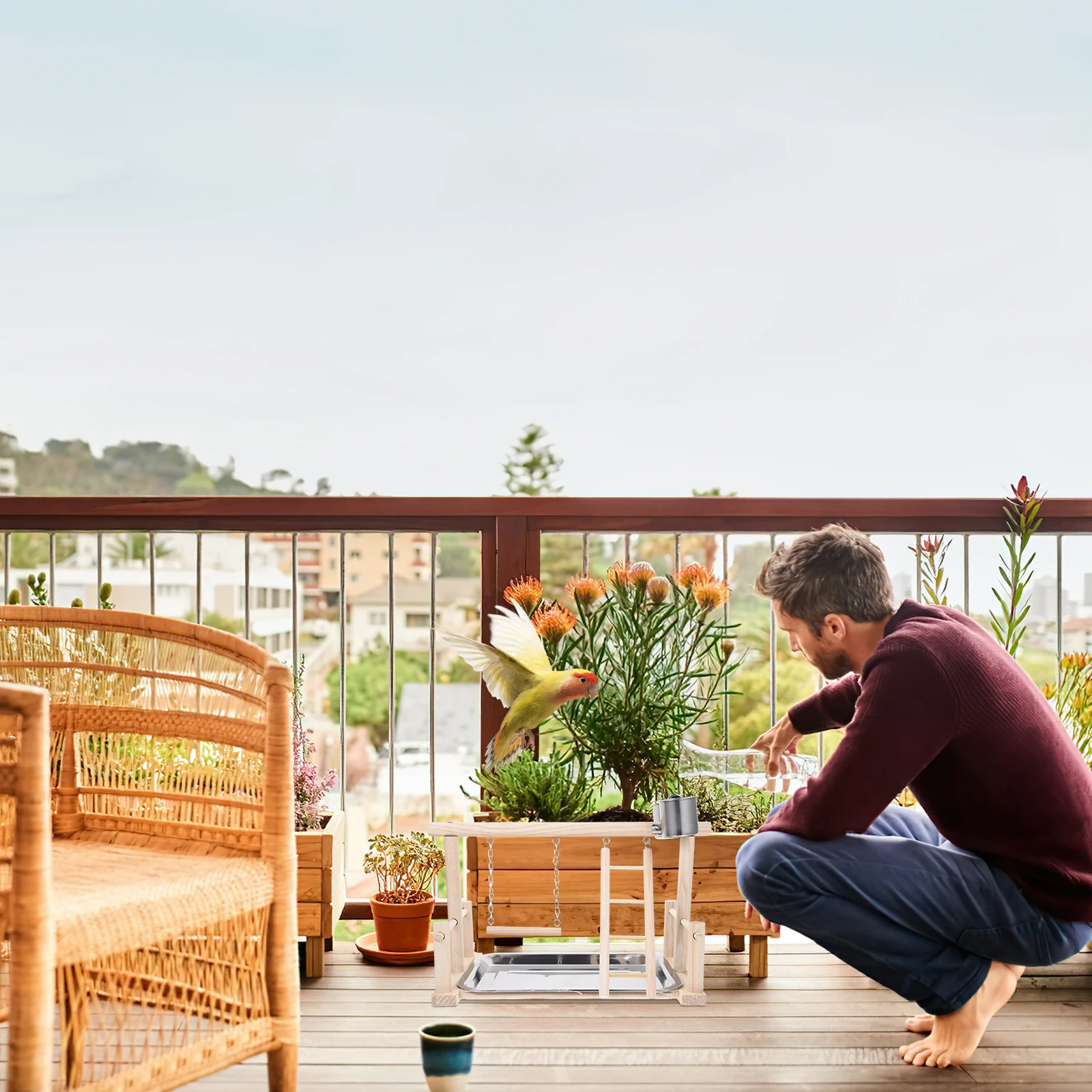 

Wooden Parrot Standing Rack Durable Odorless Bird Swing Fitness Toy Bright Colors Various Shapes Wooden Blocks Accessories