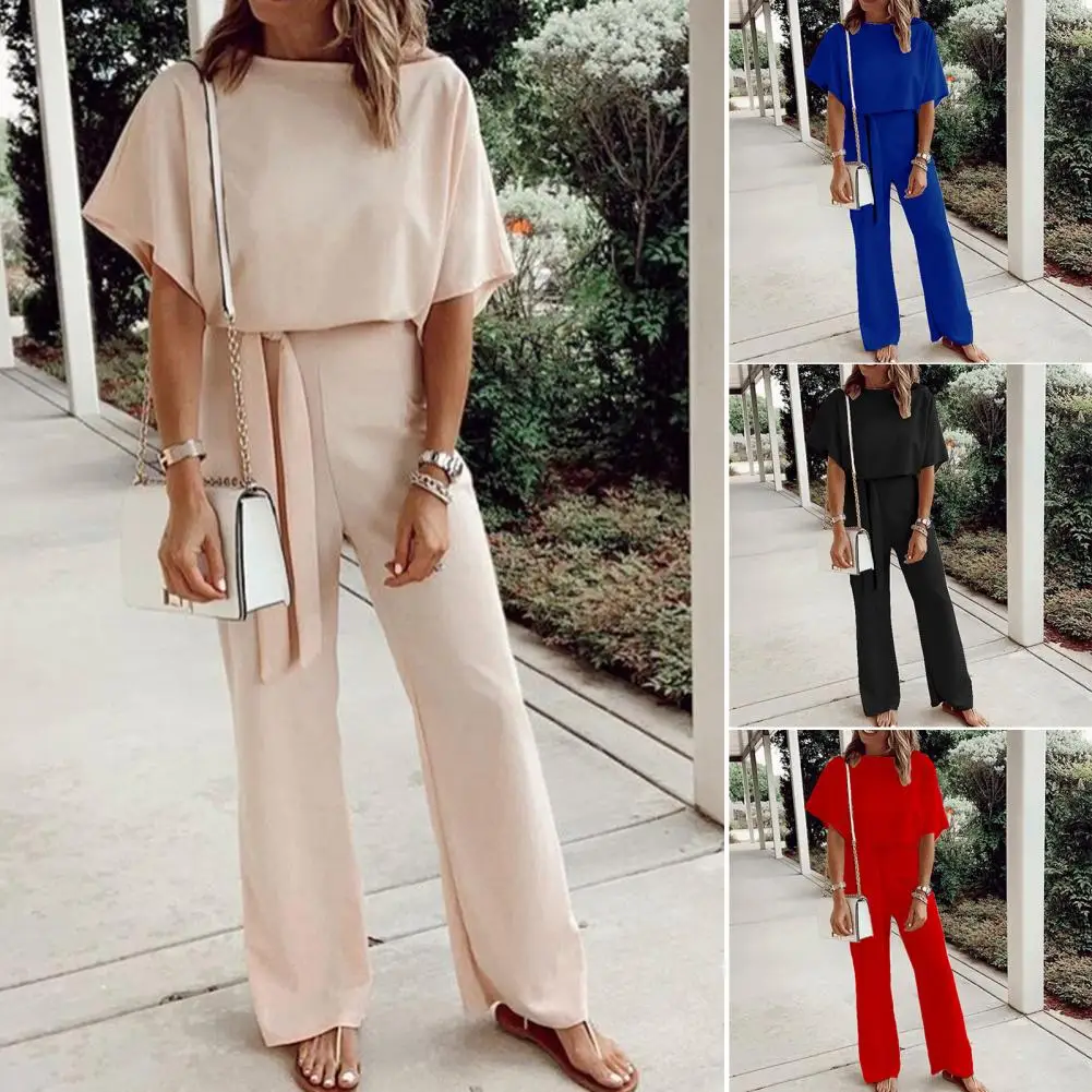 Women Jumpsuit Elegant Short Sleeve Hollowed Waist Tie Solid Summer Wide Leg Pants Bodysuit Overalls Wide Leg Cropped Pants