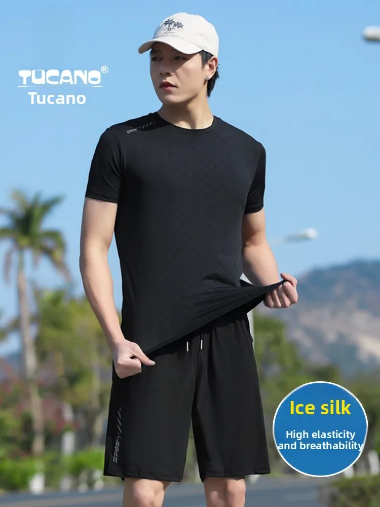 

Ice Silk Casual Sports Set Men Summer New Fitn Running Qui Dry ort Sve T-irt Breathable orts Running Set