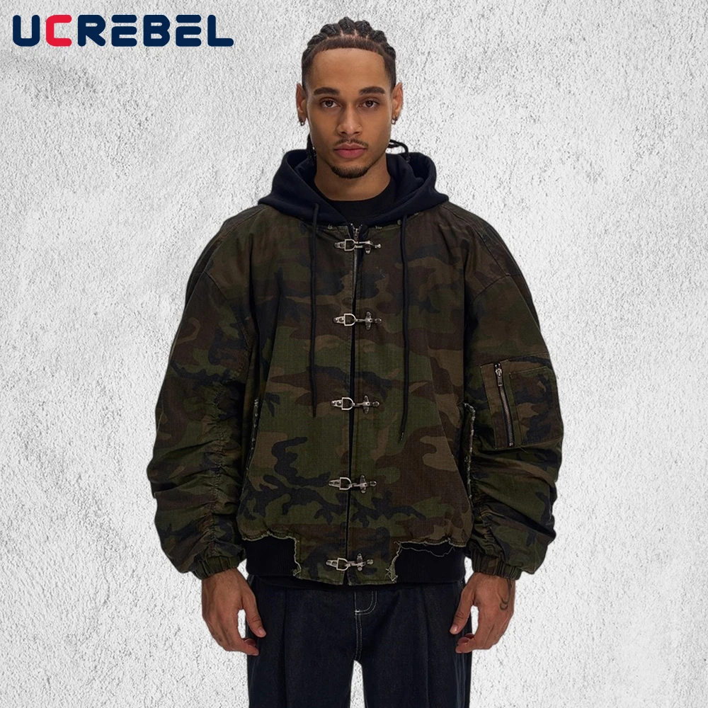 

Camouflage Fake two-piece Quilted Jacket Mens Ripped Retro Streetwear Winter Thick Hooded Pleated sleeves Loose Outerwear Man