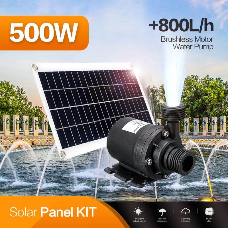 500W Solar Panel 800L/H Large Flow Mobile Power Pump Kit Ultra Quiet Submersible Water Pump Garden Fountain Decoration DC12V