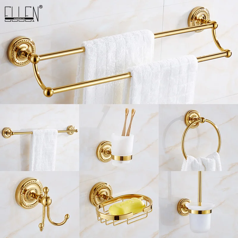 

Gold Bath hardware Set Bathroom Accessories Shelf Soap Dish Toilet Paper Holder Soap Dispenser Robe Hook ELM53G
