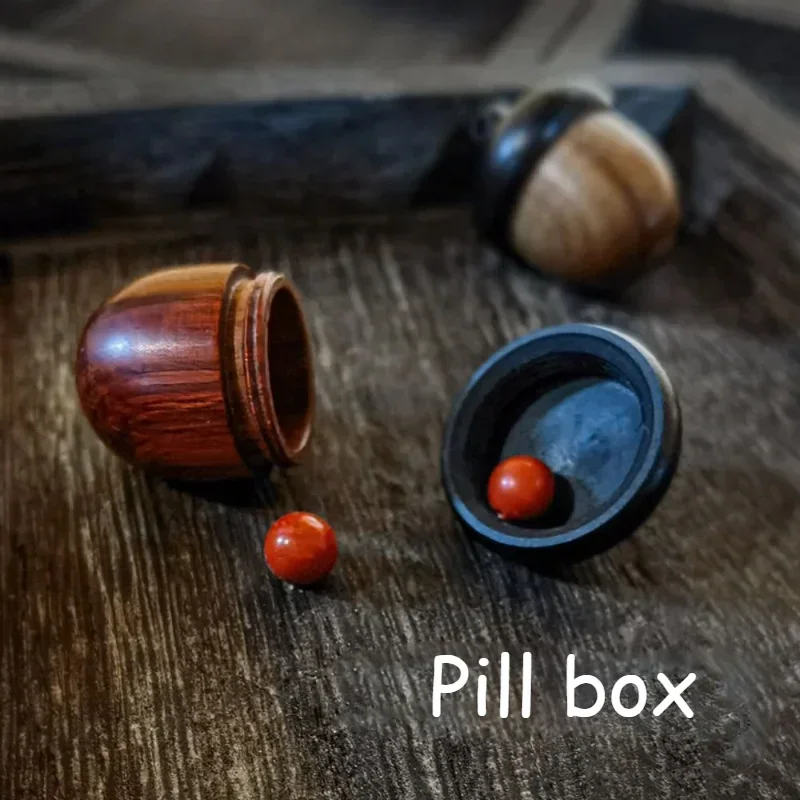 Solid Wood Medicine Pill Box Mini Sandalwood Rescue Wooden Pill Case Outdoor Medicine Tablet Container Acorn Shape Granule 3Pcs