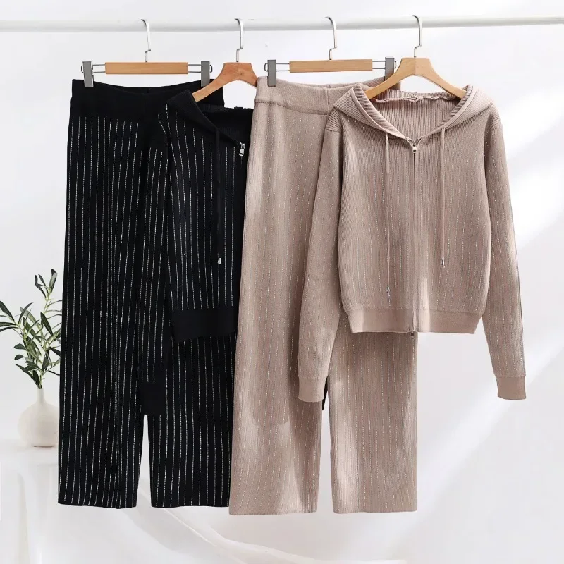 Casual Knitted Two Pieces Sets For Women Rhinestone Long Sleeve Hooded Sweater + Wide Leg Pants Sets Fashion Outfits Tracksuit