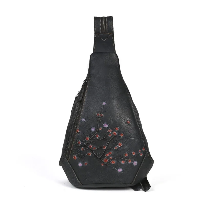 Chinese Style Genuine Leather Backpack Woman Black Ladies Real Cow Leather Double Shoulder Bag Floral Pattern Travel School Bags