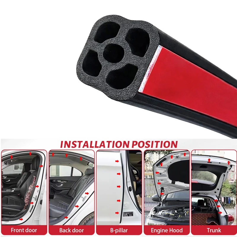 Car Door Seal Strip 10Meters 5 Hole Self Adhesive Soundproof Vehicle Door Weather Stripping Automotive Windows Edge Trim Seal St