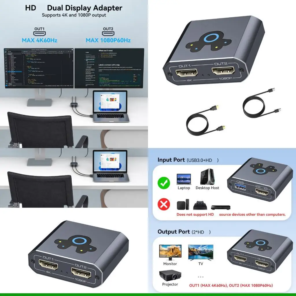 

U55C HDTV 1x2 Splitter for Double Screen Setup Requires Driver Installation 4k 60hz