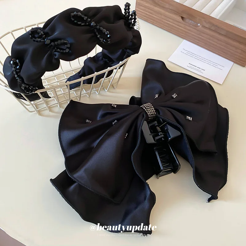 Women Sweet Diamond-bordered Bowknot Hair Hoop Claws Clip Classic Ponytail Claw Clip Fashion Net Yarn Headdress Hair Accessories