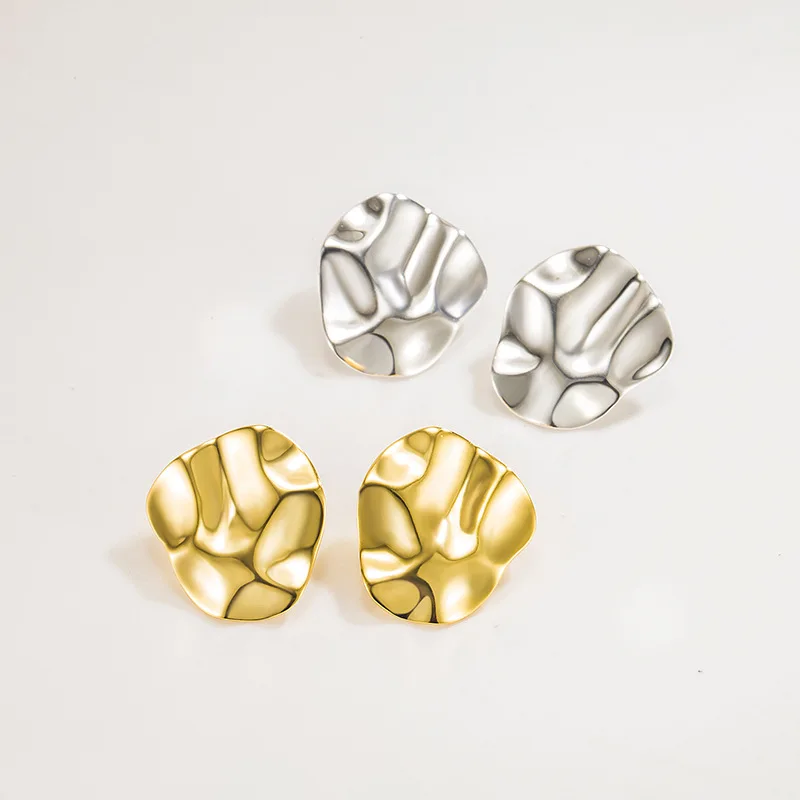 925 Sterling Silver Polished Hammered Textured Irregular Round Block Stud Earrings Women Simple Trendy Big Earring Party Gift