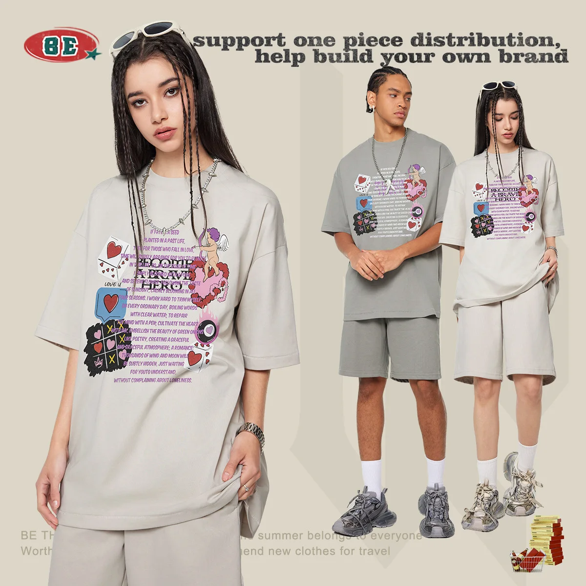 DB vintage T-shirt for men, streetwear, casual, cartoon printing, retro, unisex, oversized, washed, cotton, short sleeve, 45023