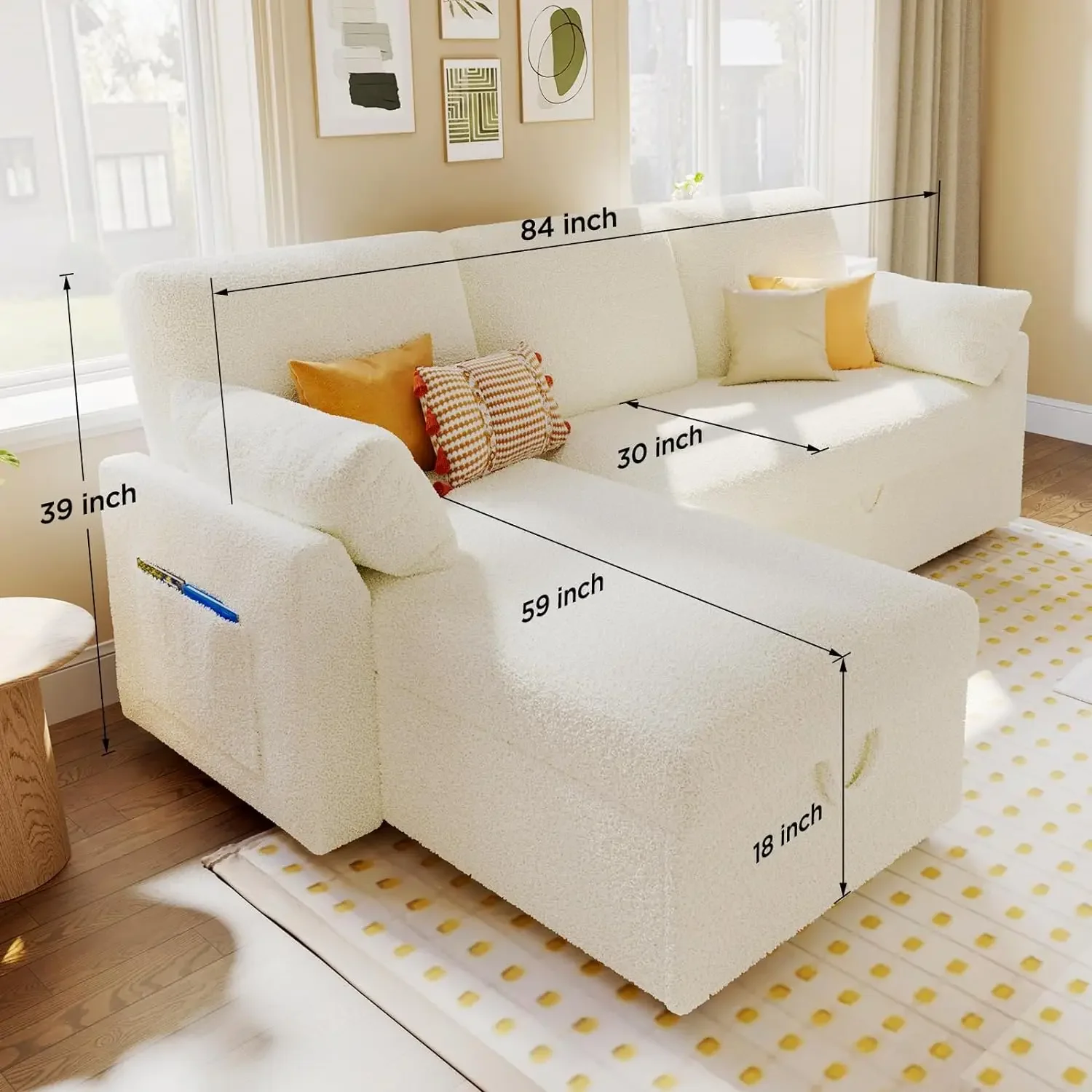 Pull Out Couch Bed with Storage Chaise for Living Room, Sofa Sleeper with Pull Out Bed, White Boucle Couch