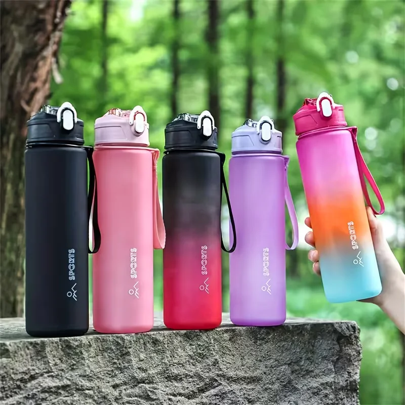 750ML Leakproof Portable Water Bottle with Straw Lid Carry Loop Gradient Color Hydration Tracking Scale for Sports Drink Bottle