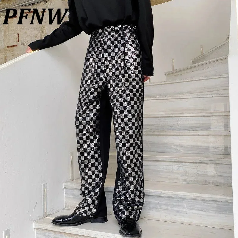 PFNW nicchia da uomo in bianco e nero a scacchi con paillettes Patchwork pantaloni lunghi da uomo dritto gamba larga Design pantaloni Chic coreano Y9982