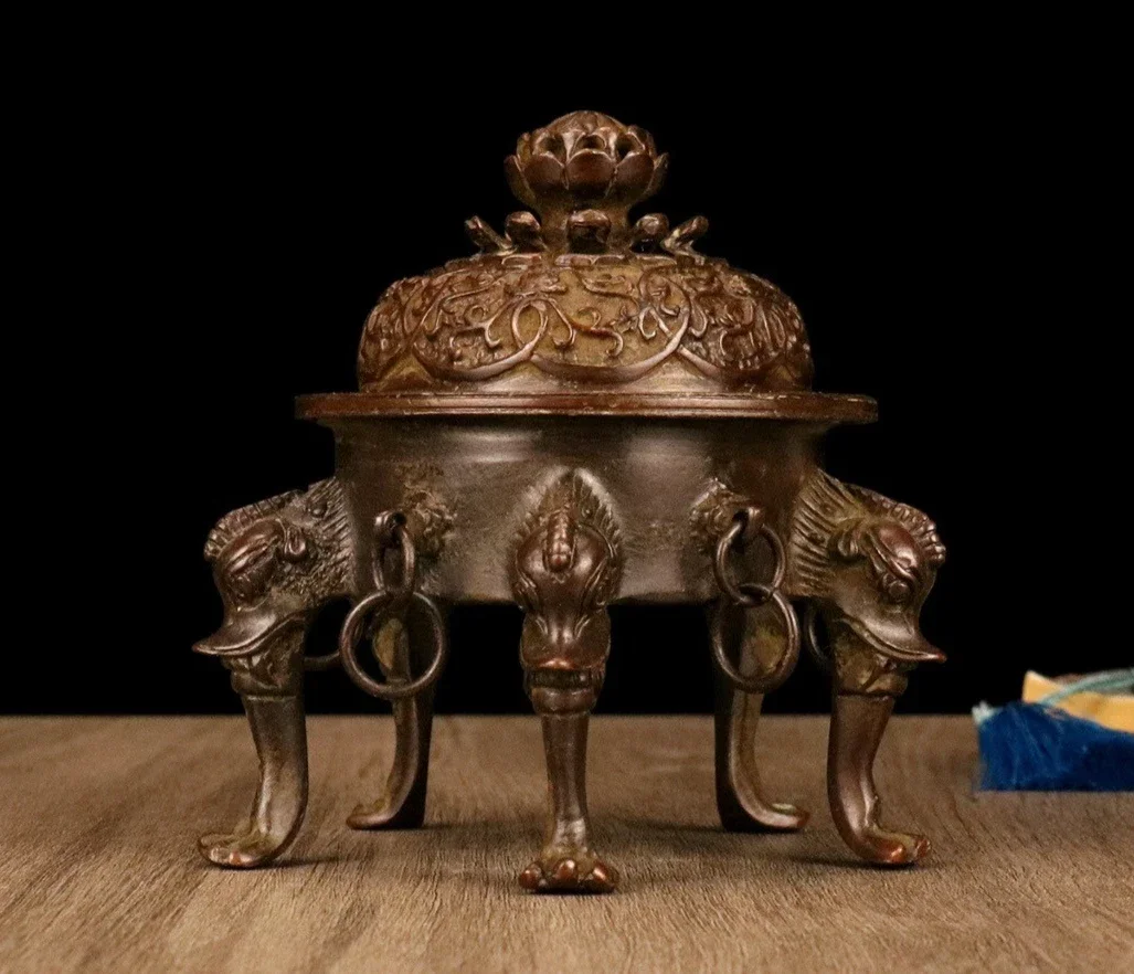 4-chine-ancienne-dynastie-bronze-fengshui-elephant-jambe-lotus-bruleur-d'encens-encensoir