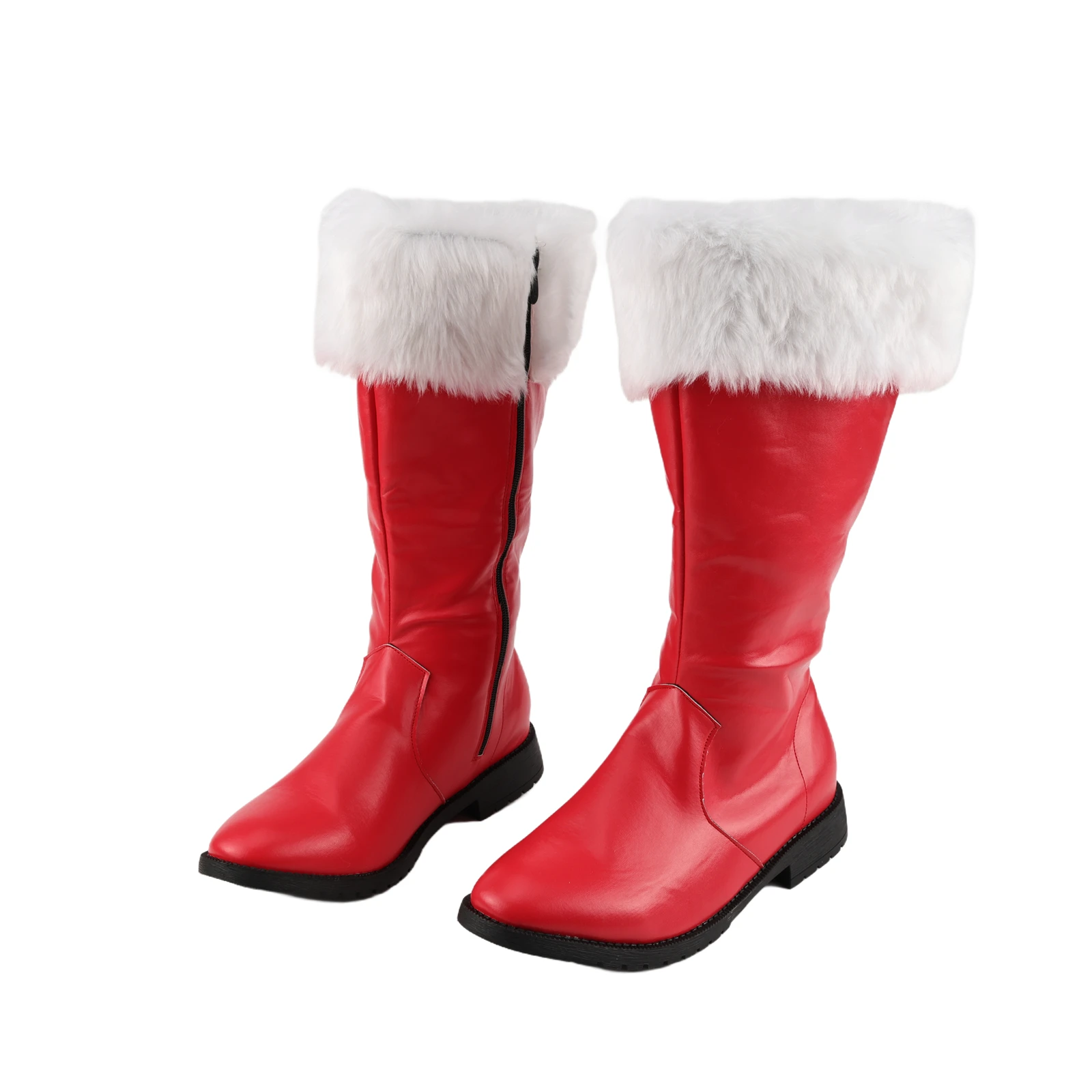 Männer Weihnachten Weihnachtsmann Stiefel Schwarze Stiefel Breite Wade mit weißem Fell Seitlicher Reißverschluss Halloween Kostüm Cosplay Schuhe