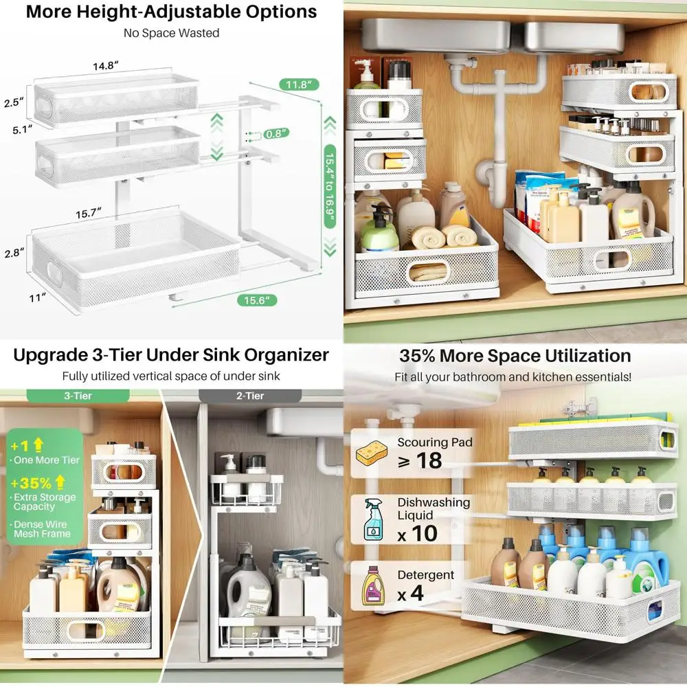 

2-Pack Adjustable 3-Tier Metal Pull-Out Cabinet Organizer for Kitchen, Bathroom, and Pantry Storage