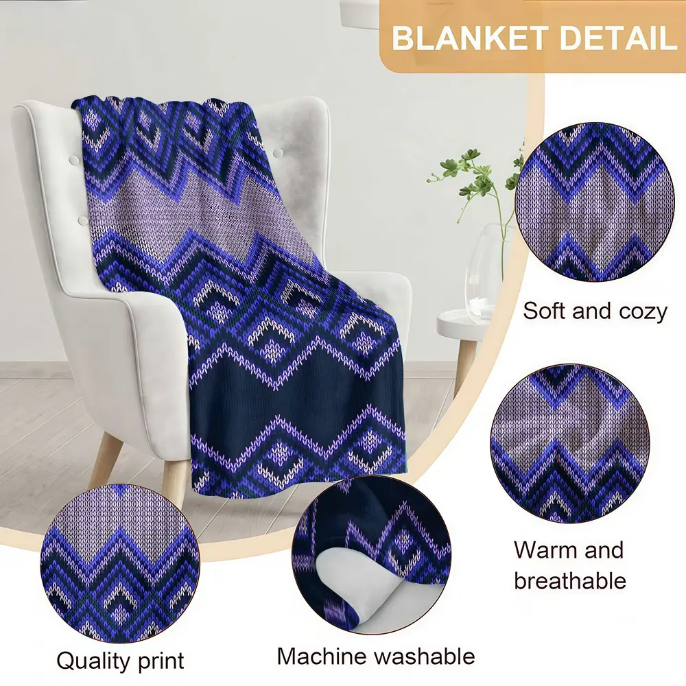 blue fair isle knit Soft Warm Flannel Blanket Lightweight Cozy Christmas Halloween Home Decor Room