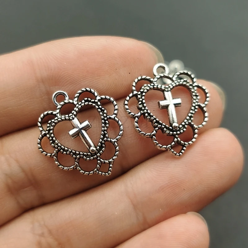 10pcs 20x22mm Silver Color Heart Shaped Cross Charms Pendant For Women Earrings Accessories Jewelry Supplies