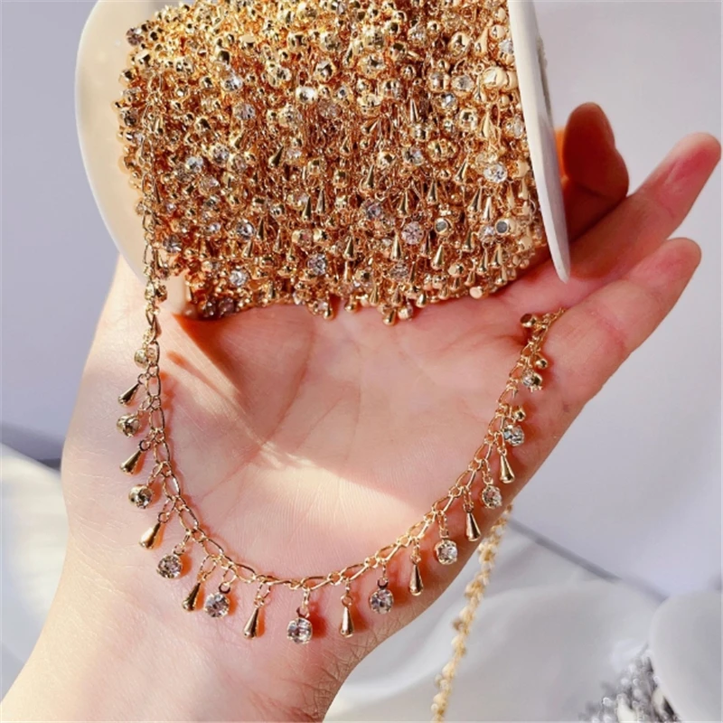 10 Meters/Lot New Fashion Crystal Beads Waterdrop Link Chains for DIY Necklace Garment Tassel Chain Jewelry Findings Accessories