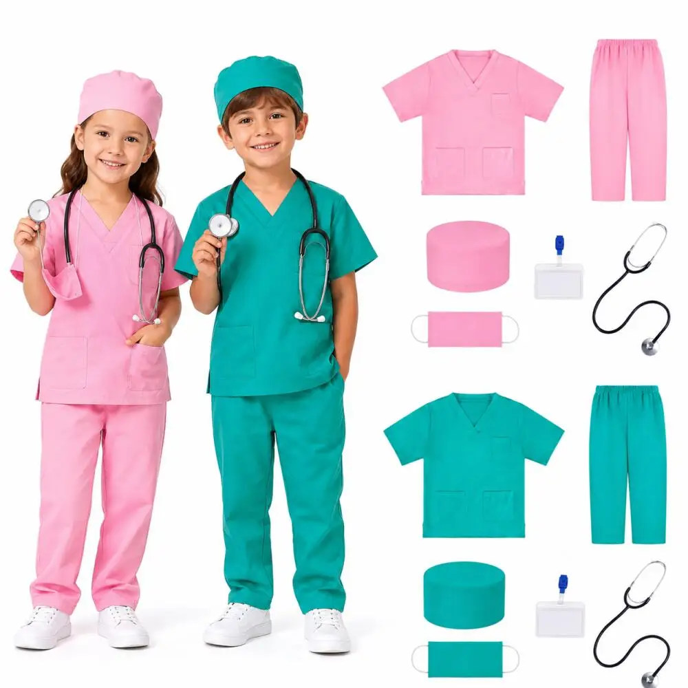 Kids Doctor Scrubs Cosplay Costume Set V Neck Short Sleeve Top Pants With Stethoscope Mask Cap For Halloween Dress Up Gift Outfi