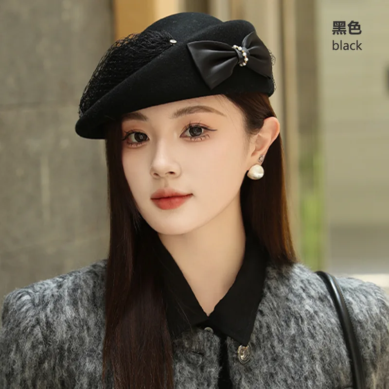 Australian Wool Blend Cloche Hat Women Veil Beret with Bow Dinner Party Hat Winter Felt Hat Fashion