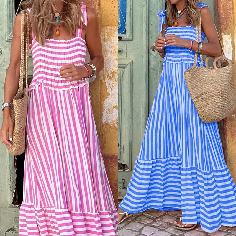

Fd1060spot goods2025summer new women's fashion loose temperament long dress striped casual dress