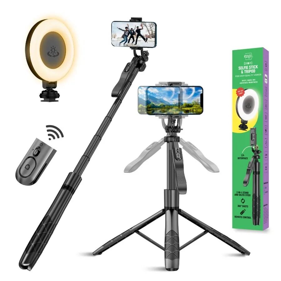 

Phone Tripod 62 inch Selfie Stick for iPhone with Remote and 3W LED Light Universal Mount Phone Stand for Rrding Streaming Trip