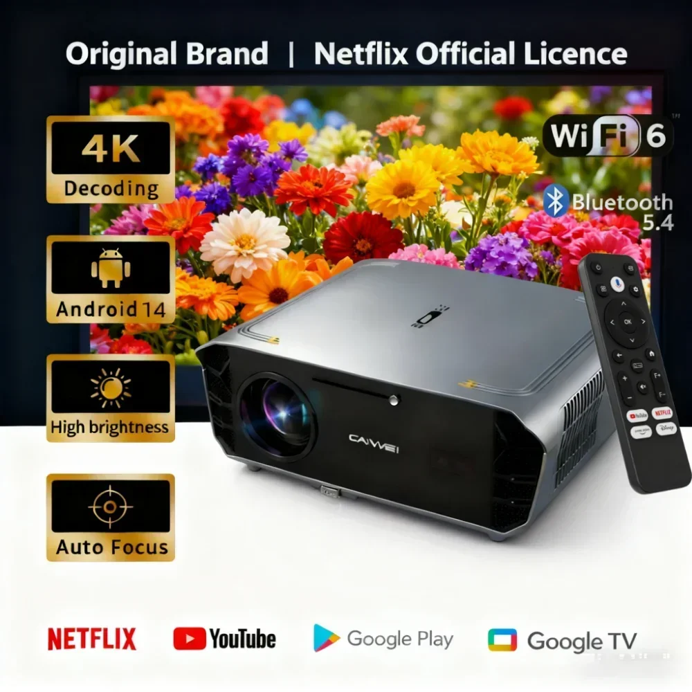 Projetor de vídeo 4K UHD, foco automático do projetor de feixe 3500ANSI, WiFi duplo 2.4 + 5G, Netflix oficial, Projetor de Halloween de home theater