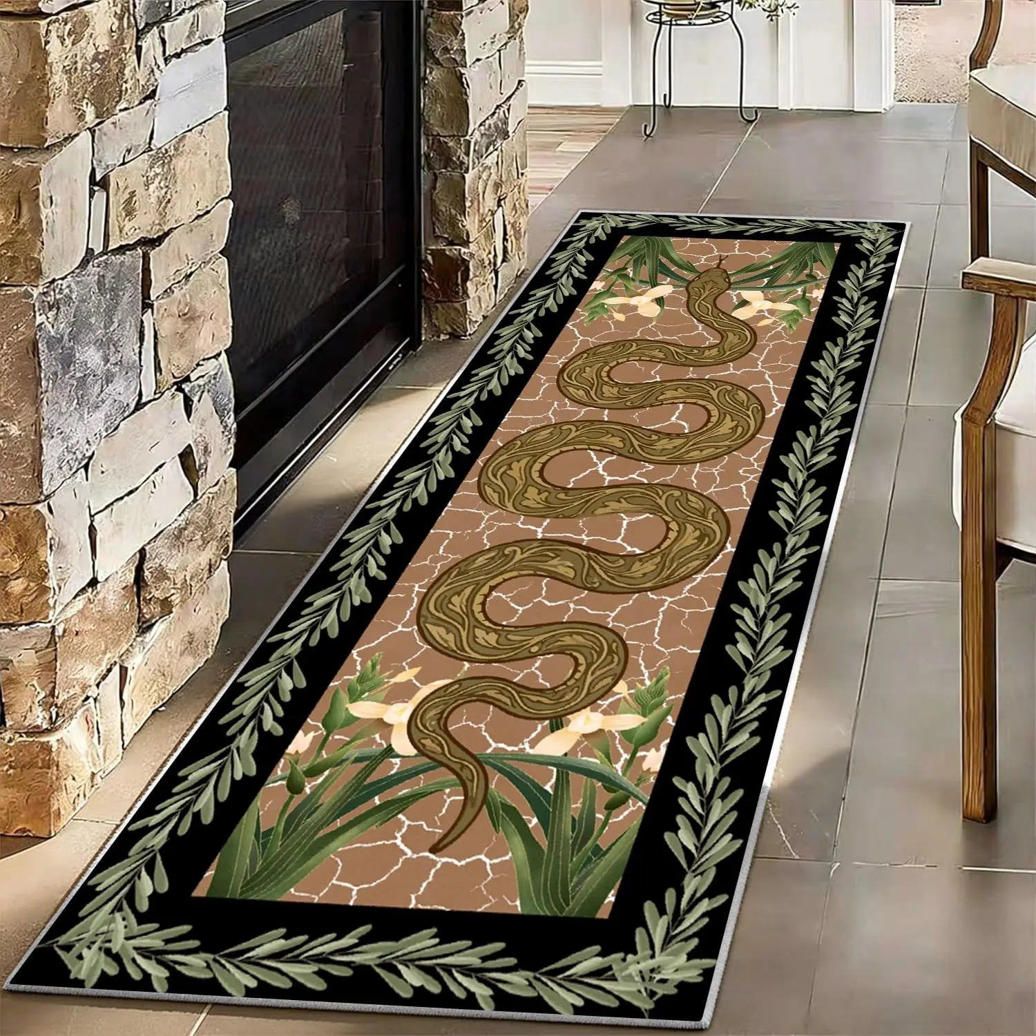 Vintage Mystical Long Rug Coiled Serpent Area Mat Goth Baroque Golden Floral Vines Border Corridor Hallway Entryway Carpet