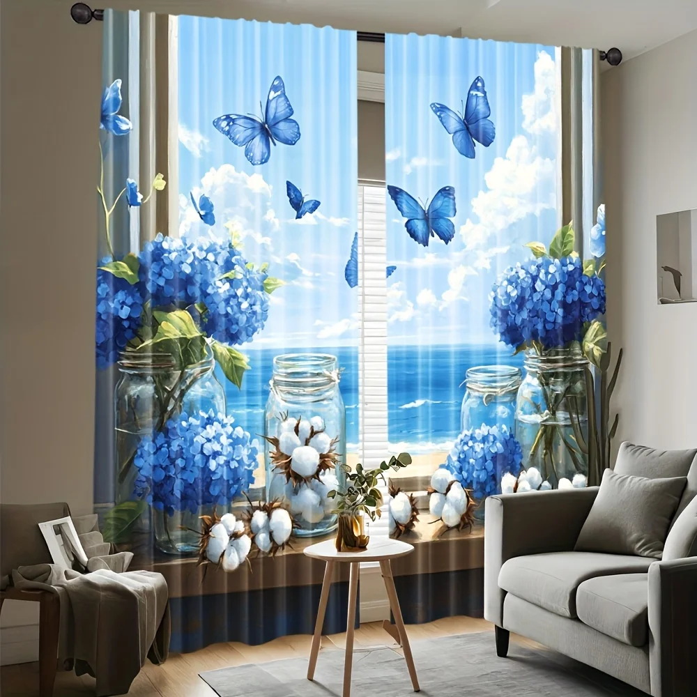 Fresh Sea View Hydrangea Window Curtain 2 Panels,Blue Butterfly Jar Hydrangea Cotton Print Soft Sky Blue Tone Home Decor Curtain