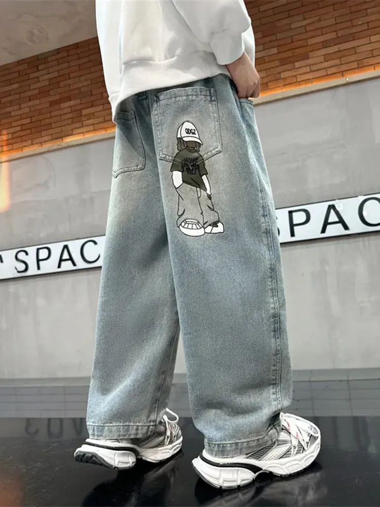 

Джинсы для мальчиков, детская одежда, модный портретный принт, эластичная талия, джинсовые прямые брюки для мальчиков, одежда для подростков, высокое качество, 120-170