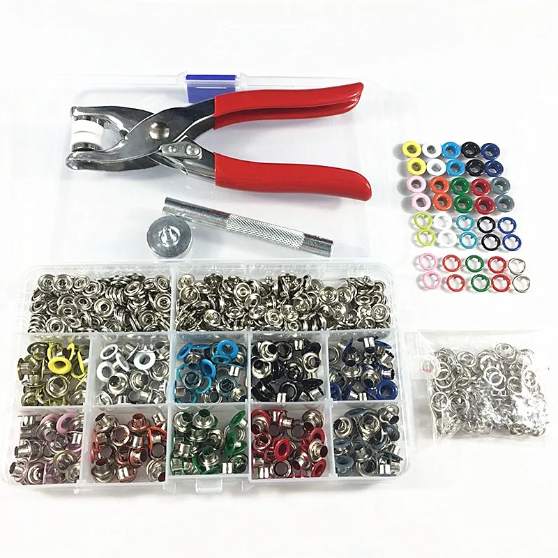 1pc Plier+1set Eyelets Tool+100sets 10 Colors 9.5mm Prong Snap Buttons Fasteners Press Studs Poppers Buckle+200pcs 5mm Eyelets