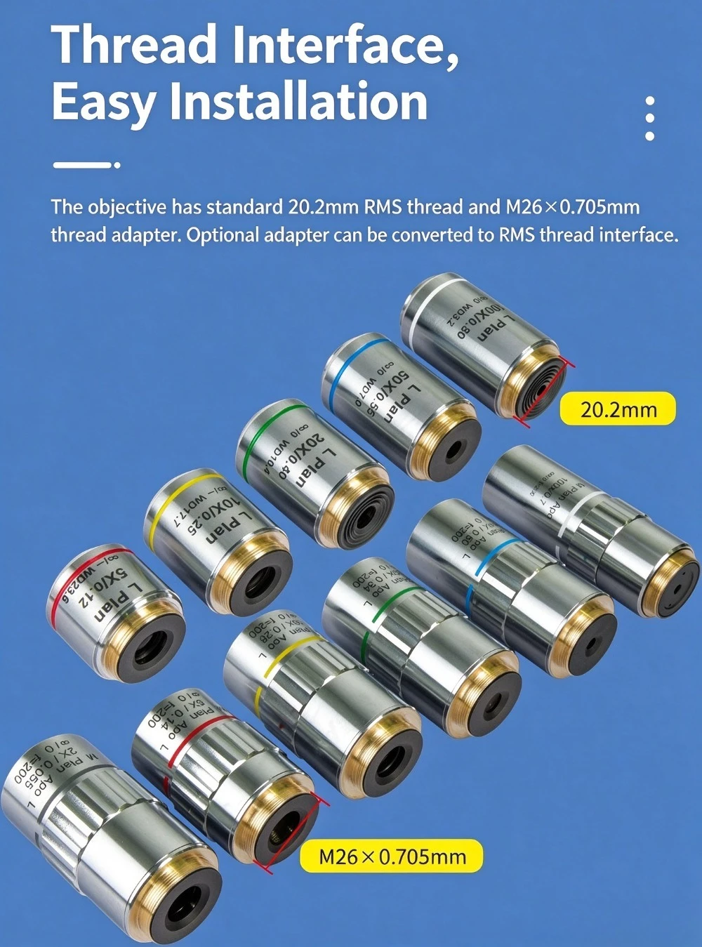 5X10X20X50X100X LPLAN Infinity Long Working Distance Achromatic Metallographic Microscope Objective Lens RMS F180 &F200