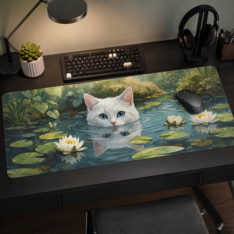 Mouse Pad Gaming White Cat Lily Pond printon demand Home Custom Mousepad XXL Playmat Natural Rubber Soft Carpet Mouse Mats