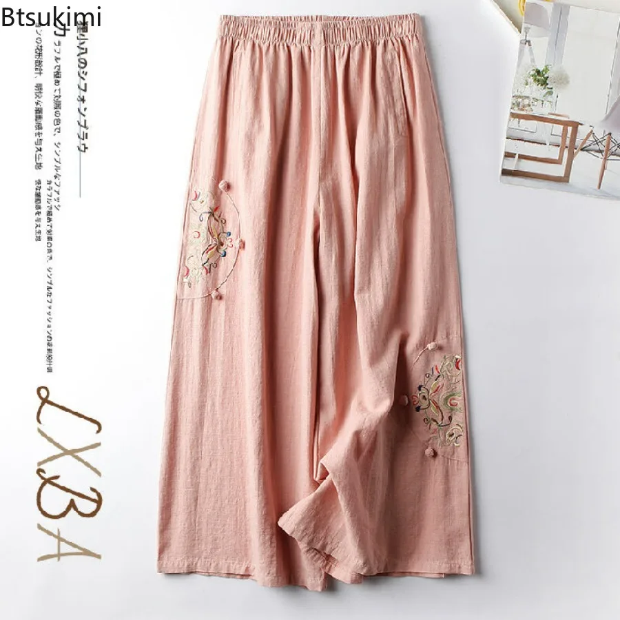 2025 damskie letnie bawełniane i lniane cienkie Pantalones spodnie dla matki hafty Retro proste spodnie Oversize 6xl spodnie szerokie nogawki