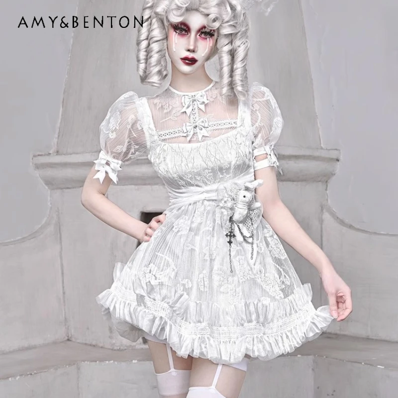 

Original Gothic Design White Chiffon Mesh Women's Bubble Sleeve Dress New Bow Lace Hollow Sweet Cool Slim Short Dreeses Ladies