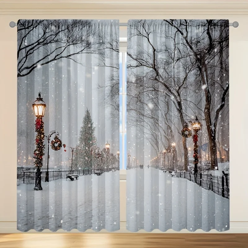 Winter Wonderland Scene Curtains for Living Room Home Decor Snowfall Street Lights Curtain Panels