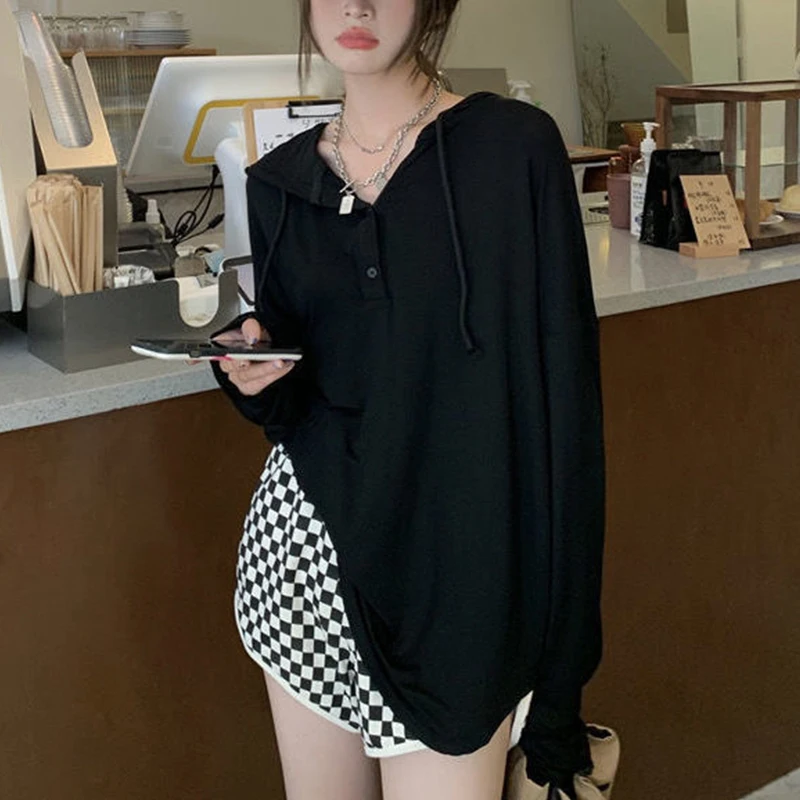 Spring Summer Loose Casual Hoodied T-shirt Ladies Long Sleeve Solid Color Pullover Top Women Oversized All-match Sunscreen Tee