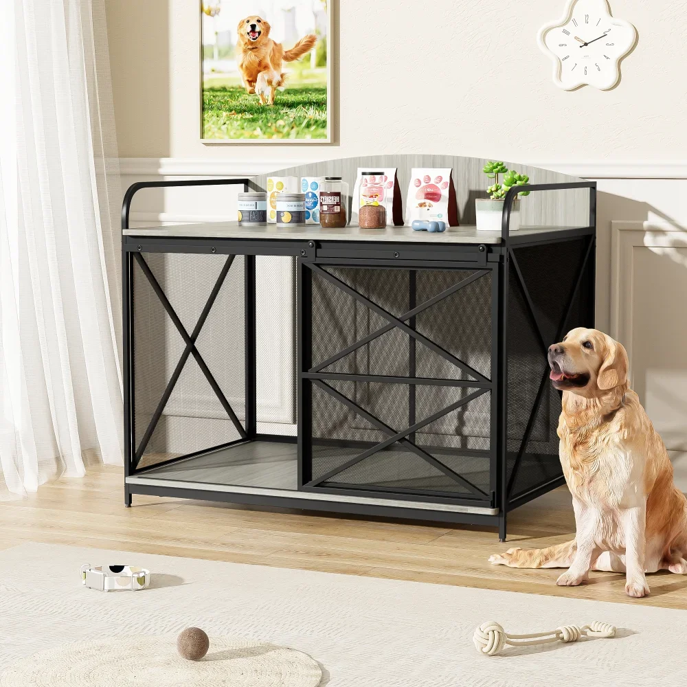 

42.8" Heavy Duty Large Dog Crate Furniture for Large Medium Dog, Farmhouse Wooden Dog Kennel Indoor End Table, Decorative Pet