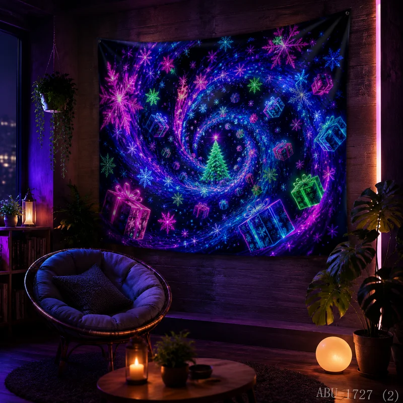VIKAMA Spiral Nebula Neon Reindeer Christmas Tree Gift Box Christmas Tapestry Background Hanging Cloth Living Room Decoration