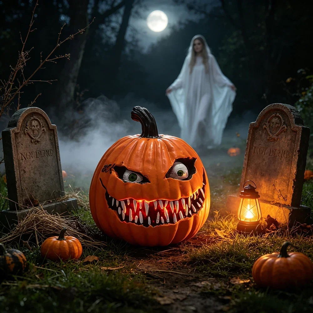1 sztuka – dekoracja na Halloween w kształcie dyni, ozdoba z żywicy, figurka z przerażającym wyrazem twarzy i pochylonymi oczami, idealna do wystroju domu strasznego, na imprezy cosplay, karnawał,