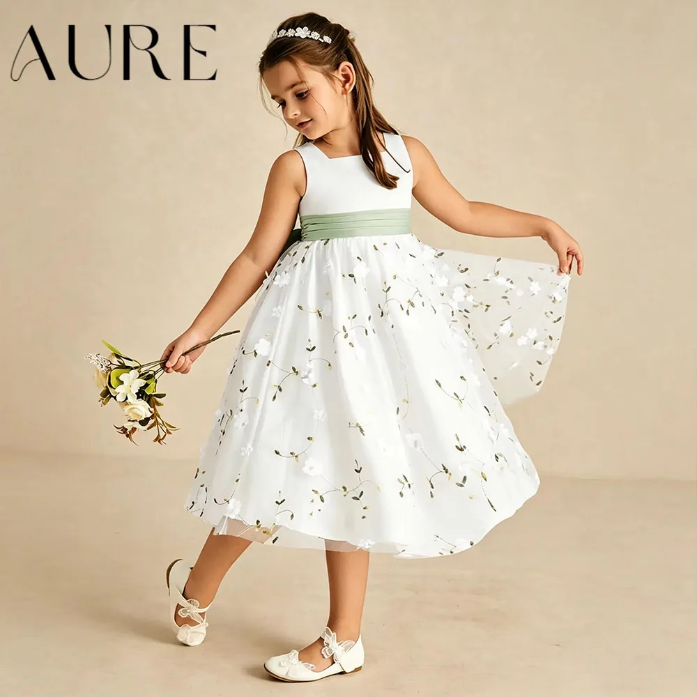 Aure Customized White Flower Girl Dress Green Sash 3D Floral Embroidery Knee-Length Kids Birthday Formal Wedding Party Gown Bow