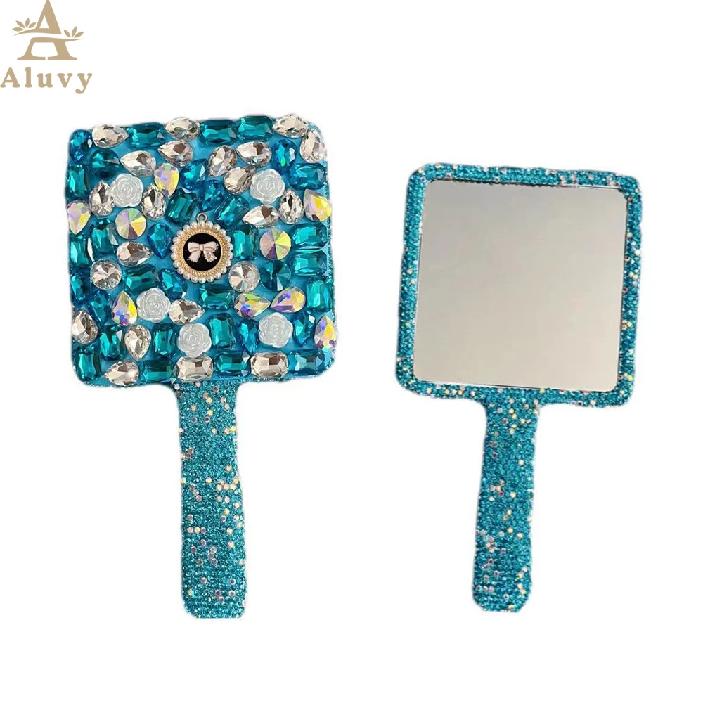 Eyelash Extensions Handheld Makeup Mirrors Shiny Heart Shape Makeup Diamond Mirrors Vanity Square Mirrors With Handle Supplies