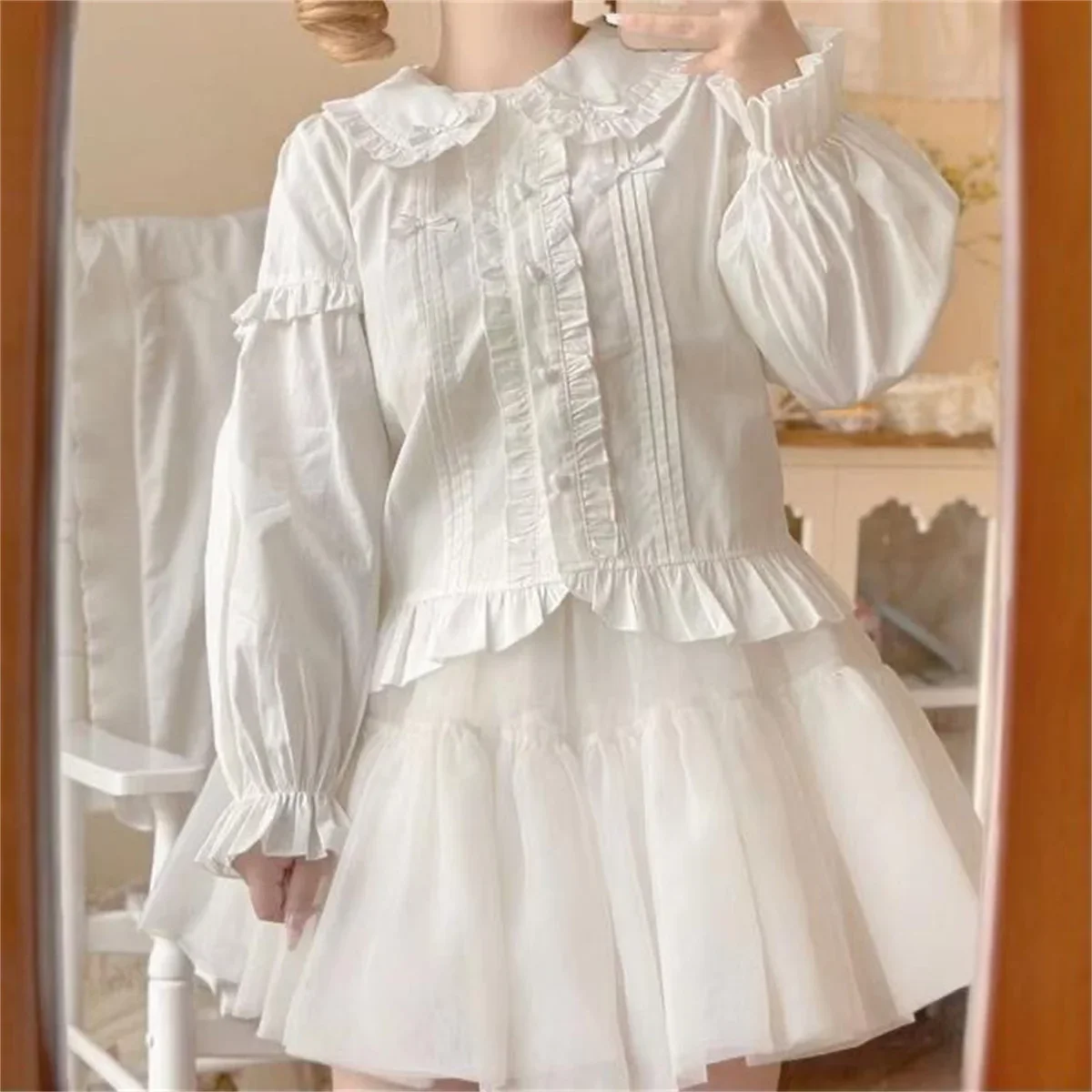 Japanese Cute Lolita Blouses Women Kawaii Candy Peter Pan Collar JK Shirt Tops Girls Sweet Lace Ruffles Puff Sleeve Chic Blouse