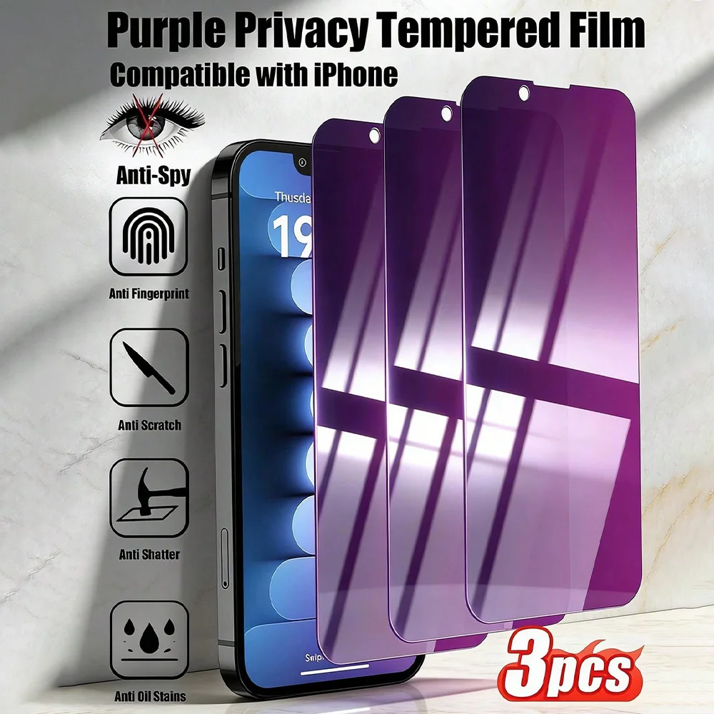 NNBILI 3er-Pack Premium Lila Blickschutz-Displayschutzfolie aus gehärtetem Glas, für iPhone 17 16 15 14 13 12 11 Pro Max, wasserdicht, Anti-Drop